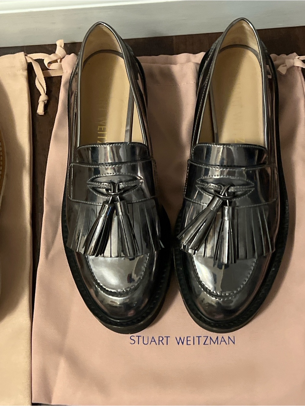 Stuart Weitzman Men's Black Patent Tassel Kiltie Loafers